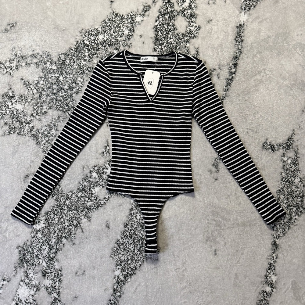 Elodie Bodysuit Womens Size XS Black White Stripes Stretch Cotton Thermal V Neck